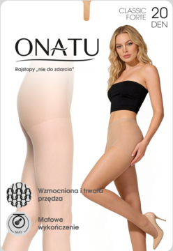 Opakowanie rajstop ONATU Classic 20 Forte 20 DEN, matowe, cieliste, z modelką. Wzmocnione, trwałe.