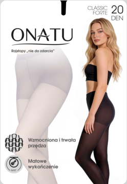 ONATU Classic Forte 20 DEN, matowe rajstopy. Opakowanie z modelką w czarnych, trwała i wzmocniona przędza.