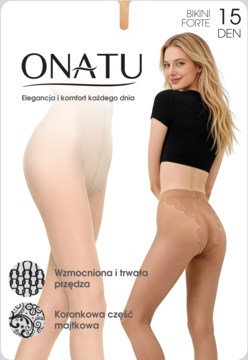 Opakowanie beżowych rajstop ONATU Bikini Forte 15 DEN z modelką, widoczna koronkowa część majtkowa i półmatowy połysk.