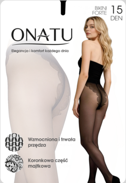 Opakowanie ONATU Bikini Forte 15 DEN, czarne, półmatowe rajstopy z koronkową górą, noszone przez modelkę.