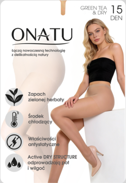Opakowanie rajstop ONATU Green Tea & Dry 15 DEN, modelka w transparentnych rajstopach, z ikonami cech produktu.