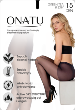 Opakowanie rajstop ONATU Green Tea & Dry 15 DEN, modelka w czarnych rajstopach, ikony cech produktu.