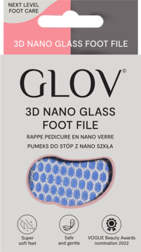 GLOV 3D Nano Glass Foot File, pumeks do stóp, biało-różowe opakowanie z widoczną niebieską powierzchnią ścierną.