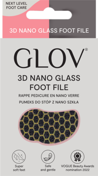 GLOV 3D Nano Glass Foot File do pielęgnacji stóp, w szaro-różowym opakowaniu z obrazem pumeksu o plastrze miodu.