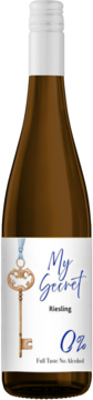 Brązowa butelka My Secret Riesling 0% z białą etykietą, złotym kluczem i napisem 'Full Taste No Alcohol', widok z przodu.