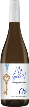 Butelka My Secret Sauvignon Blanc 0% bezalkoholowego wina. Brązowa butelka z białą etykietą, złotym kluczem i napisem „Full Taste No Alcohol”.