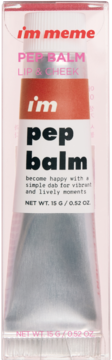Balsam I'm meme Pep Balm Lip & Cheek w tubce 15g, przezroczyste opakowanie, front, czerwono-srebrne.
