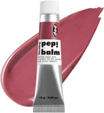 Balsam I'm Meme I'm Pep! Balm, różowy tint do ust i policzków w metalicznej tubce, na tle rozmazanej smugi koloru.