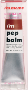 I'm Meme Pep Balm Lip & Cheek w tubce, 2w1, czerwono-brązowy balsam w przezroczystym opakowaniu, widok z przodu.
