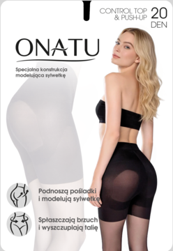ONATU Control Top Push Up 20 DEN czarne rajstopy modelujące na kobiecie, podnoszące pośladki i spłaszczające brzuch.