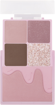 Otwarta różowa paleta I'm Meme Multi Cube Icy Taro. 4 cienie (matowy róż, brokatowy fiolet, brąz, brokatowy beż) i róż.