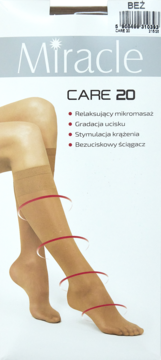 Miracle CARE 20: beżowe podkolanówki uciskowe 20 DEN na kobiecych nogach, z efektem mikromasażu.