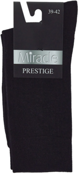 Czarne skarpety męskie z bawełny czesanej, rozmiar 39-42, z etykietą Miracle PRESTIGE, widok z przodu.