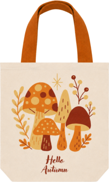 Eloy Torba duża jesieniara, beżowa, pomarańczowe uchwyty, jesienny wzór z grzybami i 'Hello Autumn'.