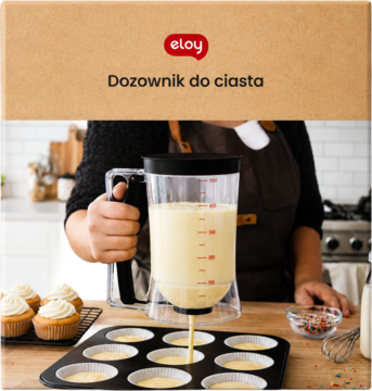 Eloy Dozownik do Ciasta, przezroczysty, wypełnia foremkę na muffinki. Osoba w fartuchu używa go w kuchni, gotowe obok.