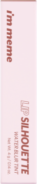 Jasnoróżowe opakowanie I'm meme Lip Silhouette Water Blur Tint 4g, z brązowym tekstem, widok z boku.