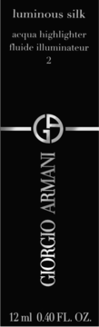 Giorgio Armani Luminous Silk Acqua Highlighter, black label with silver text, includes 'fluide illuminateur' and 12ml.