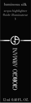 Czarne opakowanie Giorgio Armani Luminous Silk Acqua Highlighter Flude Illuminateur 3, ze srebrnym logo, 12 ml.