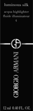 Pionowa czarna etykieta Giorgio Armani Luminous Silk Acqua Highlighter 4, 12ml, srebrne detale i logo GA.