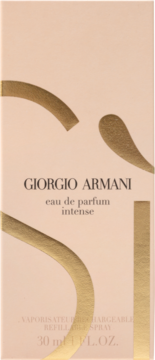 Różowe pudełko perfum Giorgio Armani Si Eau de Parfum Intense, ze złotymi, stylizowanymi literami 'Si' i czarnym tekstem.