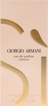 Frontal view of Giorgio Armani Si Intense eau de parfum box, light pink with gold stylized 'Si' design.