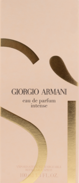 Przednie ujęcie pudełka perfum Giorgio Armani Si Eau de Parfum Intense w kolorze brzoskwiniowym ze złotymi akcentami.