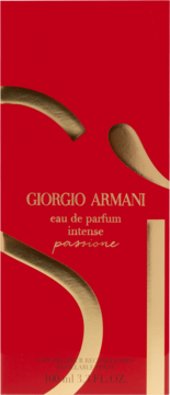 Czerwone opakowanie Giorgio Armani Si Passione Intense Eau de Parfum 100ml z złotymi zdobieniami i białymi napisami, widok z przodu.