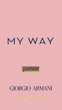 Różowe opakowanie perfum My Way Parfum Giorgio Armani 50ml. Widok z przodu, złote i ciemne napisy.