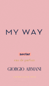 Różowe opakowanie perfum Giorgio Armani My Way Nectar eau de parfum, z ciemnymi napisami i 'nectar' w pomarańczowej ramce. Widok z przodu.
