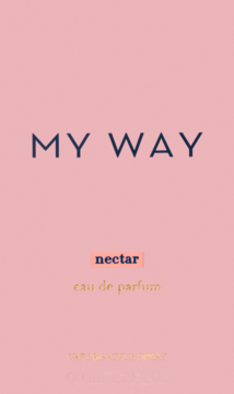 Różowe opakowanie perfum MY WAY nectar eau de parfum, z ciemnym napisem i złotymi detalami.