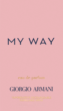 Frontalny widok różowego opakowania damskiej wody perfumowanej Giorgio Armani My Way, z ciemnoniebieskim napisem.