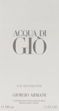 Front view of Giorgio Armani Acqua di Gio Eau de Toilette 100 ml perfume box, white with grey text.