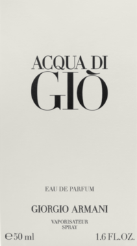 Acqua di Gio Giorgio Armani Eau de Parfum, białe opakowanie perfum, widok z przodu, czarny napis, 50 ml.