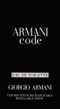 Czarne opakowanie Giorgio Armani Code Eau de Toilette, widok z przodu, z białym logo i tekstem 'refillable spray'.