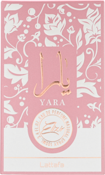 Różowe pudełko perfum Lattafa Yara, 100ml EDP, z białym wzorem kwiatowym i złotymi napisami, widok z przodu.