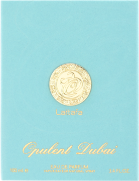 Błękitne pudełko perfum Lattafa Opulent Dubai EDP, ze złotym okrągłym emblematem i napisem, widok z przodu.