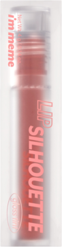 I'm meme Lip Silhouette Gloss Tint, odcień Newtro Coral, w przezroczystej tubce z widocznym tekstem, widok z przodu.