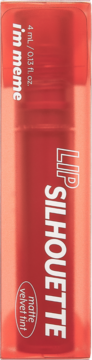 I'm meme Lip Silhouette Matte Velvet Tint 4ml, czerwony, w przezroczystym opakowaniu, widok z przodu.