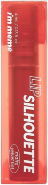 Czerwony tint do ust I'm meme Lip Silhouette Matte Velvet Tint 4ml w przezroczystym opakowaniu, widok z przodu.