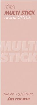 Jasnoróżowe opakowanie rozświetlacza I'm Multi Stick Highlighter, z logo I'm meme i informacją o wadze.