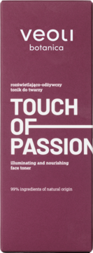 Veoli Botanica Touch Of Passion tonik rozświetlająco-odżywczy do twarzy, bordowa butelka, widok z przodu.