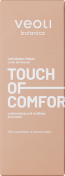 Veoli Botanica Touch of Comfort nawilżający tonik do twarzy w beżowym opakowaniu, widok z przodu.