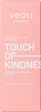 Veoli Botanica Touch Of Kindness łagodzący tonik do twarzy w jasnoróżowym opakowaniu, z białymi napisami, widok z przodu.