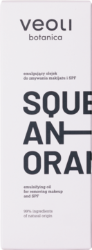Front of Veoli Botanica Squeeze An Orange emulsifying oil for makeup & SPF removal, white bottle.
