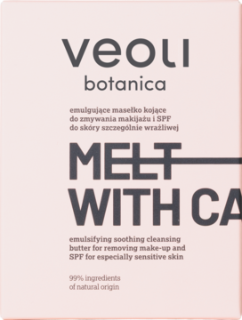 Różowe opakowanie Veoli Botanica Melt With Calmness, kojącego masła do demakijażu dla skóry wrażliwej, z przodu.