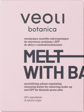 Veoli Botanica Melt With Balance, emulgujące masełko do demakijażu w jasnoróżowym pudełku z czarnymi napisami, widok z przodu.