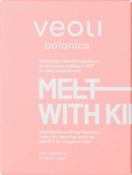 Różowe pudełko Veoli Botanica Melt With Kindness, masełko do demakijażu dla skóry naczynkowej.
