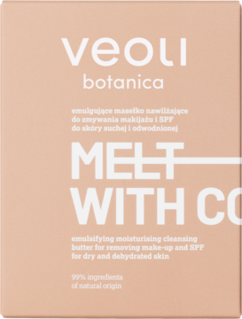 Front of Veoli Botanica Melt With Comfort, emulgujące masełko do demakijażu, w jasnobrzoskwiniowym opakowaniu.