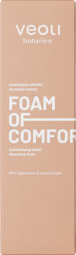 Veoli Botanica Foam Of Comfort, nawilżająca pianka do mycia twarzy, beżowe opakowanie z białym tekstem, widok z przodu.