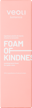 Front opakowania Veoli Botanica Foam of Kindness, łagodząca pianka do twarzy dla cery naczynkowej, pastelowy róż.